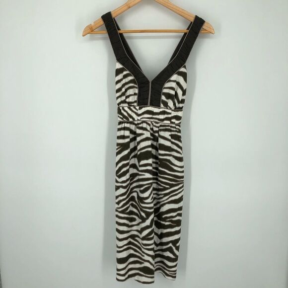 Banana Republic Linen Sun Dress Womens 0 Zebra Print Brown 100% Linen Cross Back - Picture 1 of 13